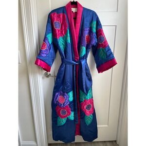 Vtg 80s Kathleen Usherwood Periphery Puffer Maxi Robe Satin Applique Floral P